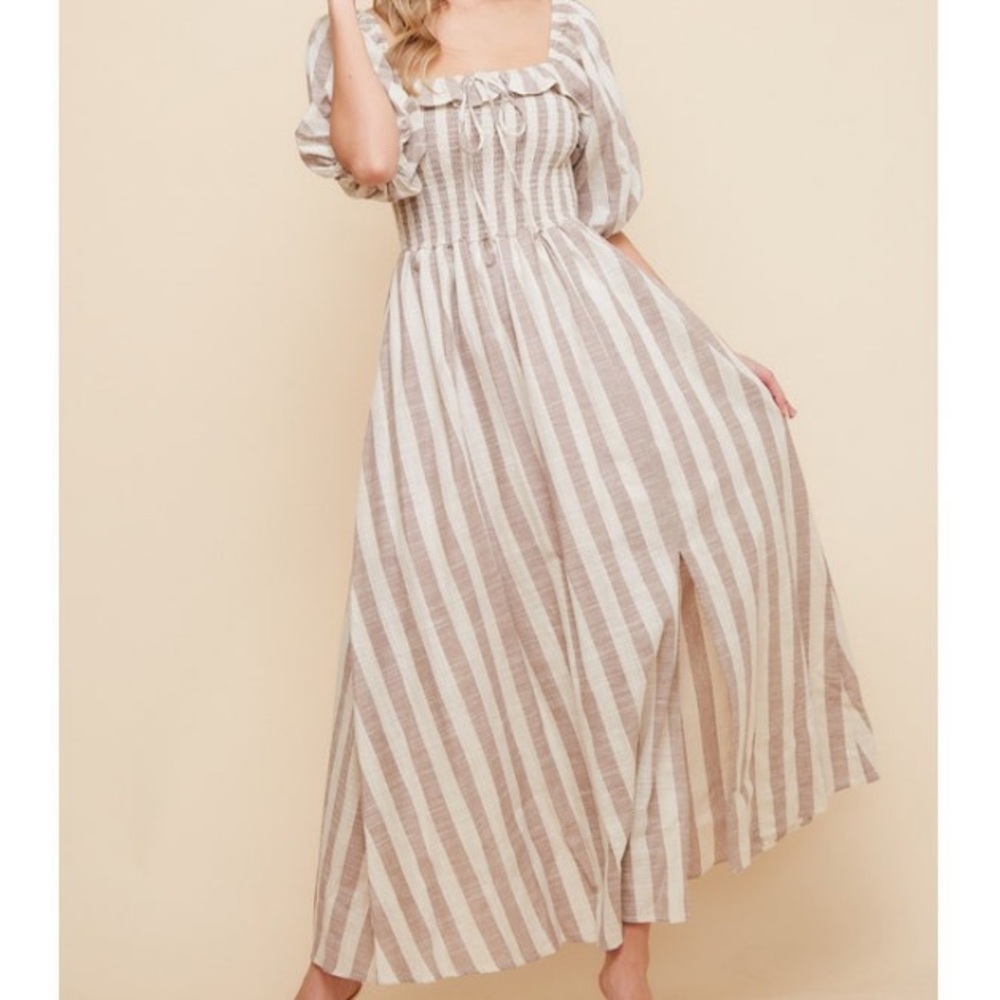 Saints & Hearts Striped Linen Smocking MIDI Dress